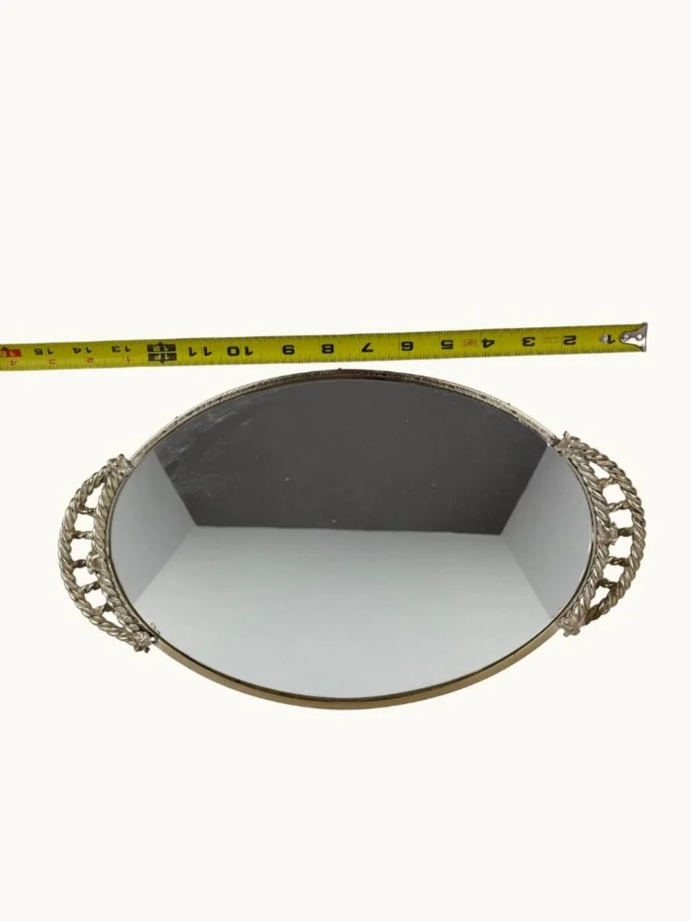 Vintage Hollywood Regency Gold Rope Mirrored Vanity Tray Oval